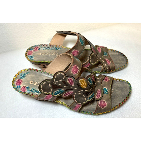 Socofy Wedge Sandals Detailed Cut-Out Leather Women's Sz 11 Retro Artsy - Picture 1 of 10